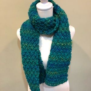 Hand-knit scarf, turquoise shades, moss stitch